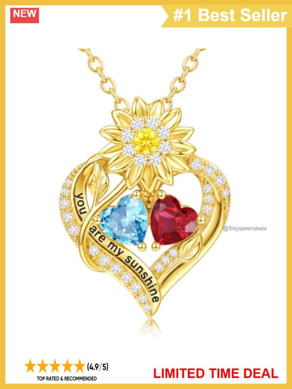 14K Gold Double Birthstone Sunflower Heart Pendant Necklace